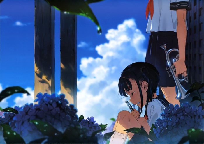 4K anime girls with trumpet and flowers