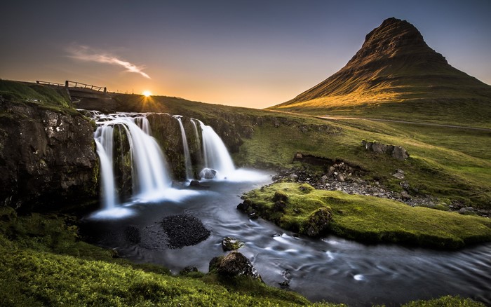Kirkjufell Mountain and Waterfall in Iceland at Sunrise