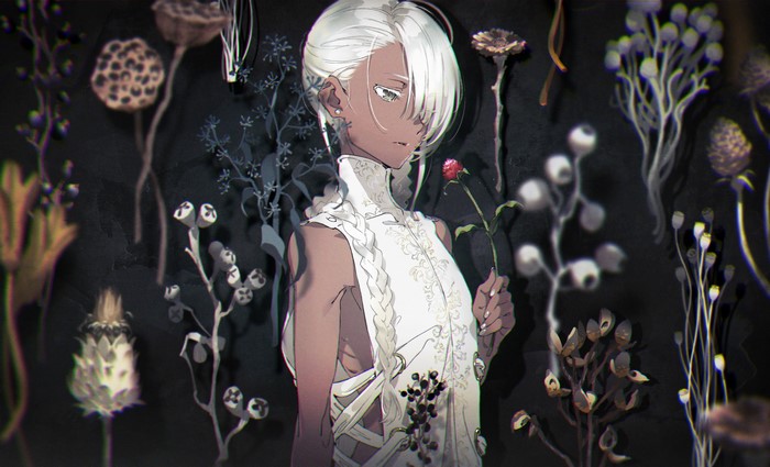 Anime girl with white hair and dark skin holding a rose