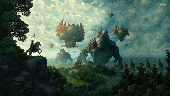 Fantasy art with giant robots and airships