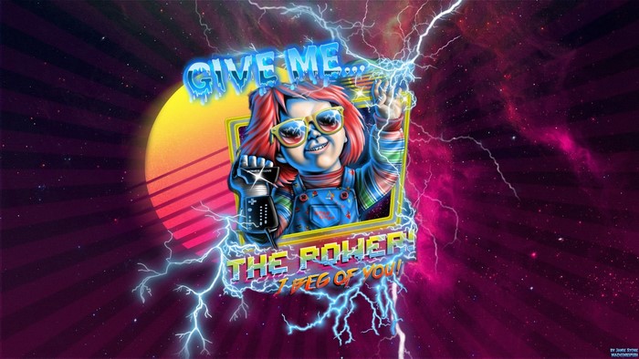 Chucky from Child's Play with sunglasses and lightning