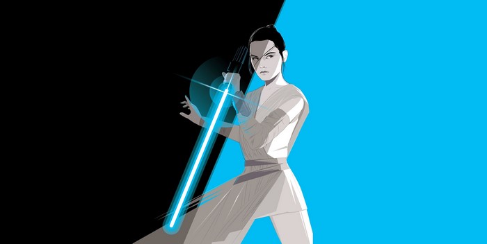 Rey with a blue lightsaber from Star Wars