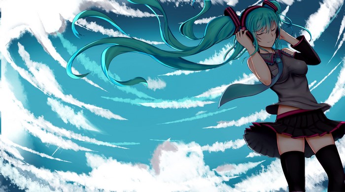 Hatsune Miku from Vocaloid listening to music in the sky