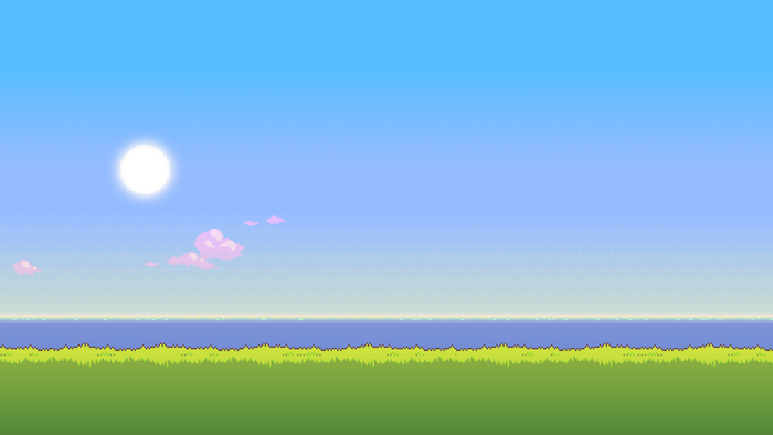Pixel art landscape with sun and clouds over water