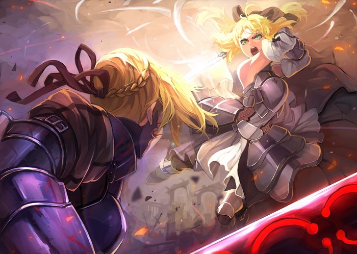Saber Lily and Saber Alter from Fate/Stay Night fighting