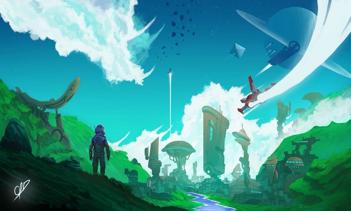 Astronaut overlooking a futuristic city in No Man's Sky