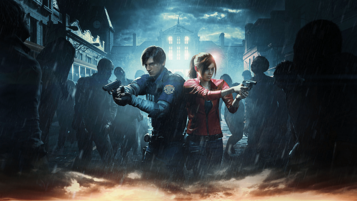 Leon S. Kennedy and Claire Redfield from Resident Evil 2 surrounded by zombies