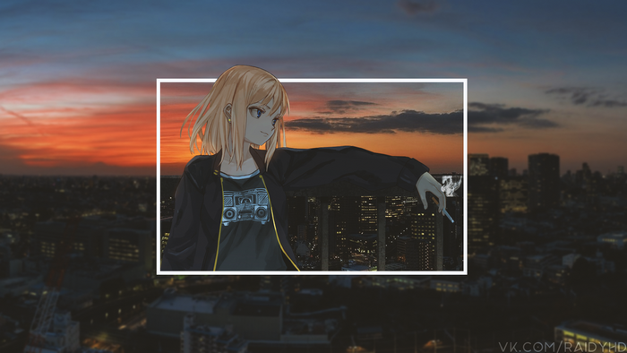 Anime girl with cigarette on rooftop at sunset