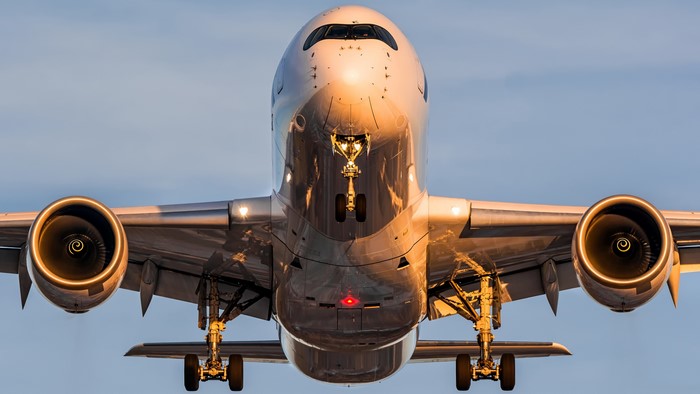 4K Frontal view of an Airbus A350 airplane with engines