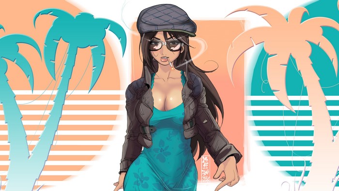 Anime girl with hat and glasses smoking