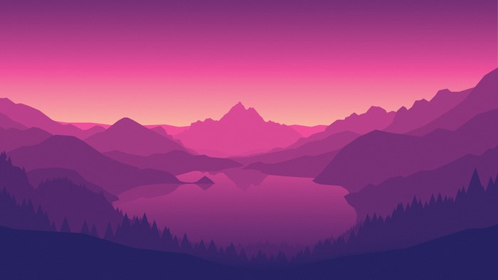 Mountains and lake at sunset, Firewatch style