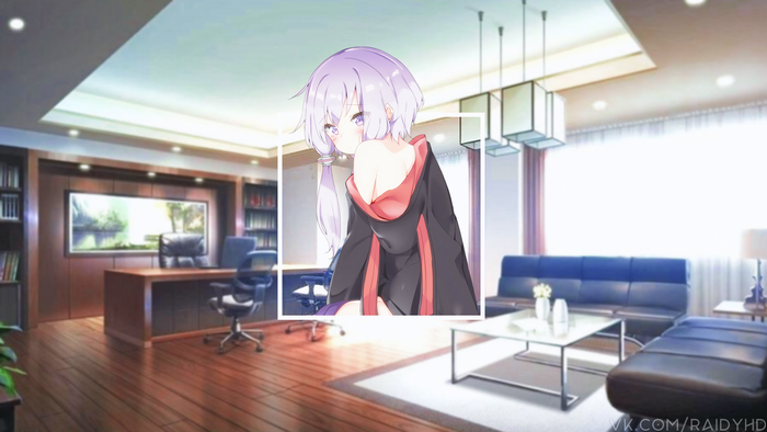 Anime girl in office and living room