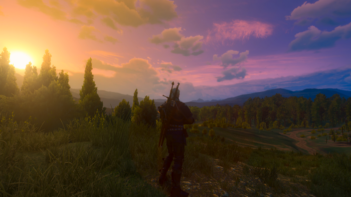 Geralt of Rivia from The Witcher 3: Wild Hunt at sunset