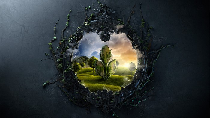 Fantasy Landscape Through Ornate Mirror Frame