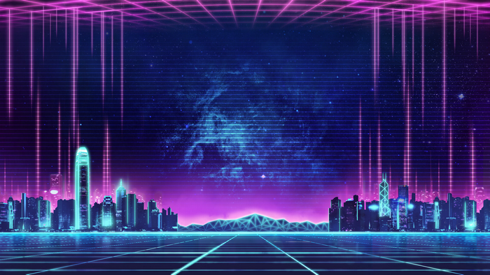 Synthwave Cityscape with Neon Grid