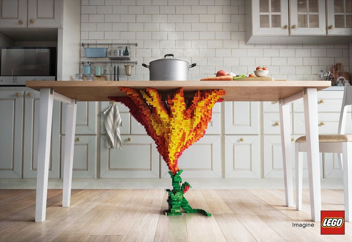 LEGO dragon breathing fire under a kitchen table