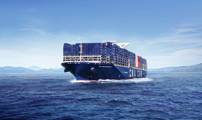 CMA CGM container ship sailing on the ocean