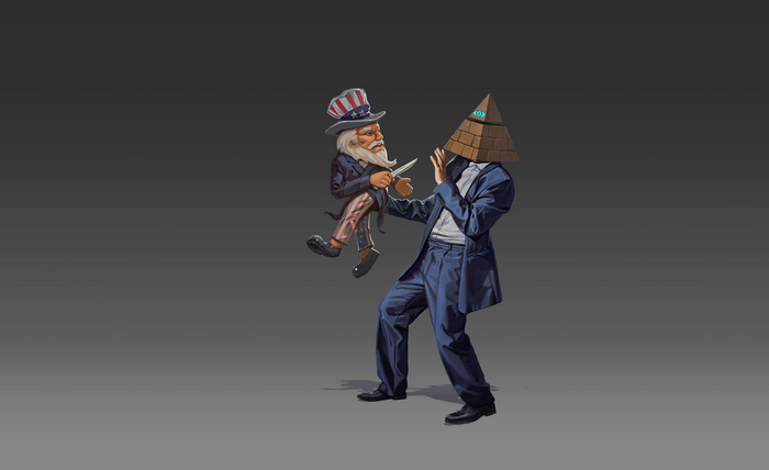 Uncle Sam puppet attacks Pyramid Head figure