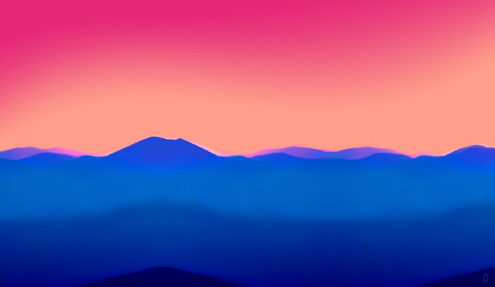 Minimalist landscape with colorful mountains and gradient sky
