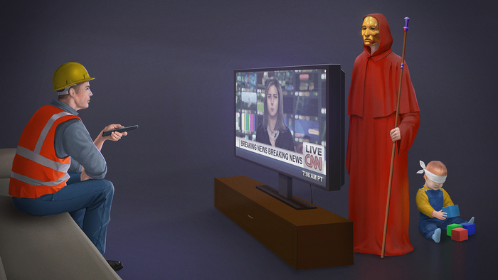 Man in hard hat watches CNN with cultist and blindfolded child