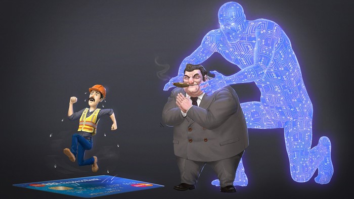 Man in hard hat running from businessman and digital entity