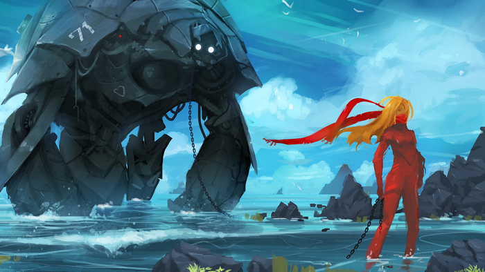 Giant robot and woman with red scarf on the sea shore
