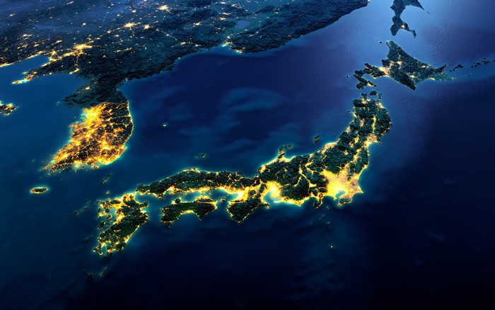 4K satellite view of Japan and Korean Peninsula at night