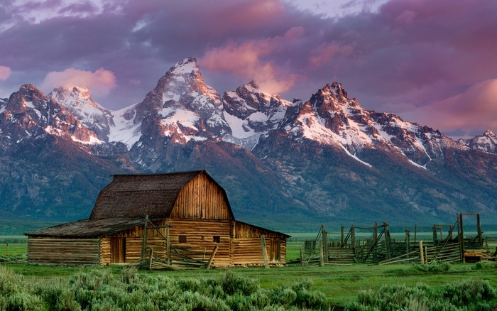 Barn and Mountains at Sunrise