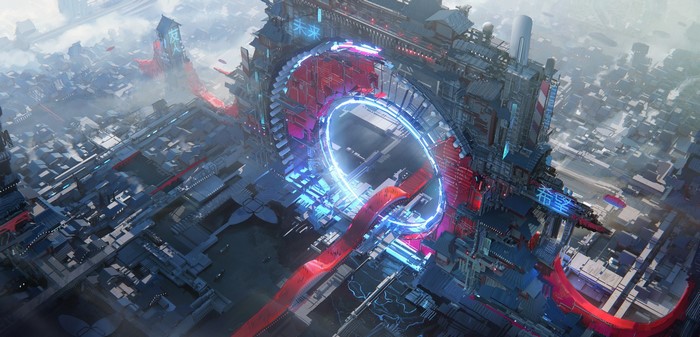 Futuristic Chinese City with Neon Lights and Red Ribbons