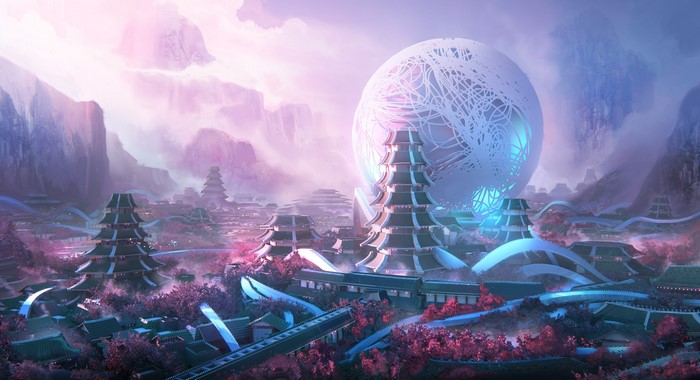 Fantasy city with pagodas and a large orb