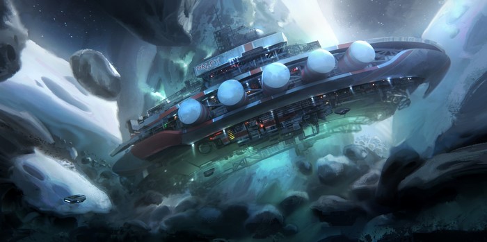 Spaceship navigating through an asteroid field