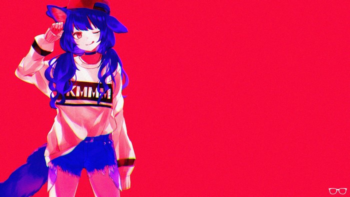 Anime cat girl with blue hair and red cap