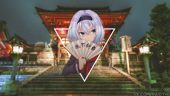 Anime girl with a fan in front of a Japanese temple
