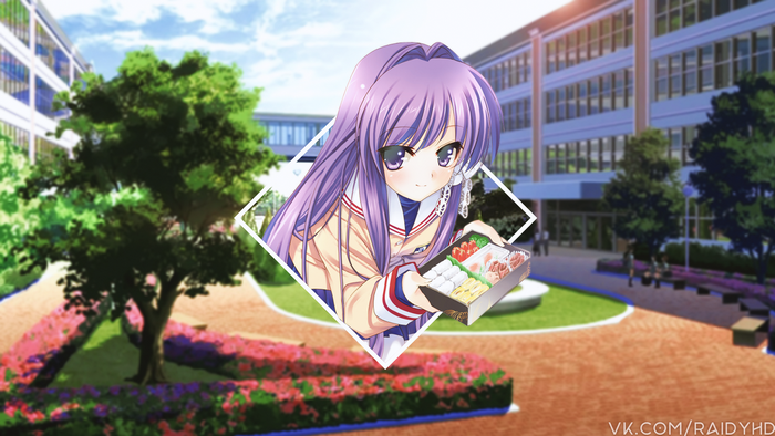 Kyou Fujibayashi from Clannad holding a bento box