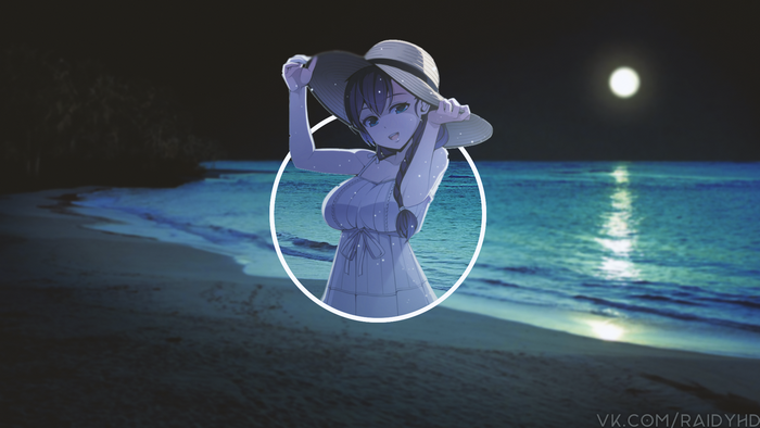 Anime girl in a hat on a beach at night