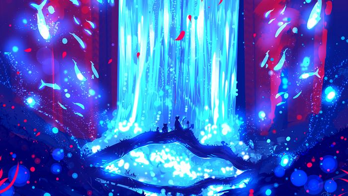 Cats and fish in a glowing blue waterfall