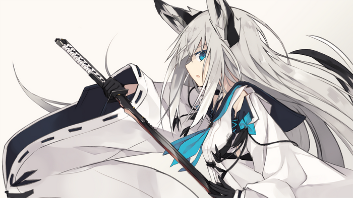 Anime girl with white hair and blue eyes holding a katana