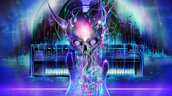Cyberpunk Skull with Keyboards and Neon Glow
