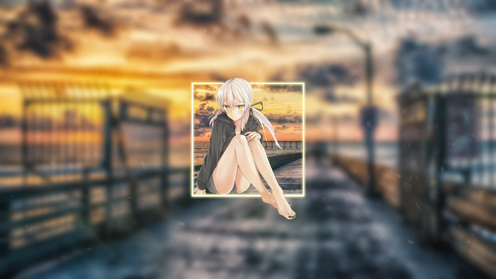 Anime girl with silver hair and yellow eyes on a pier