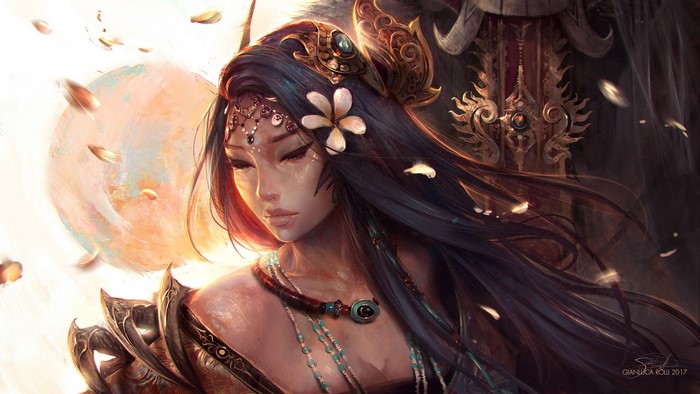 Woman with headdress and traditional clothing