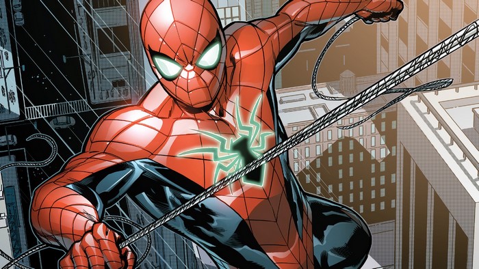 Spider-Man swinging through a city