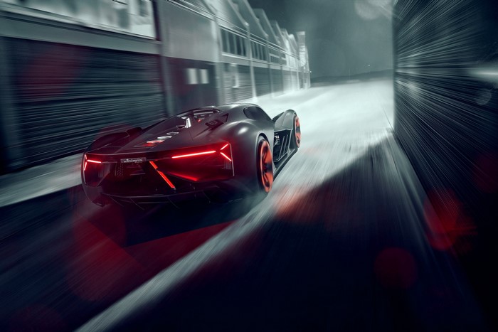 Lamborghini Hypercar driving on a street with motion blur
