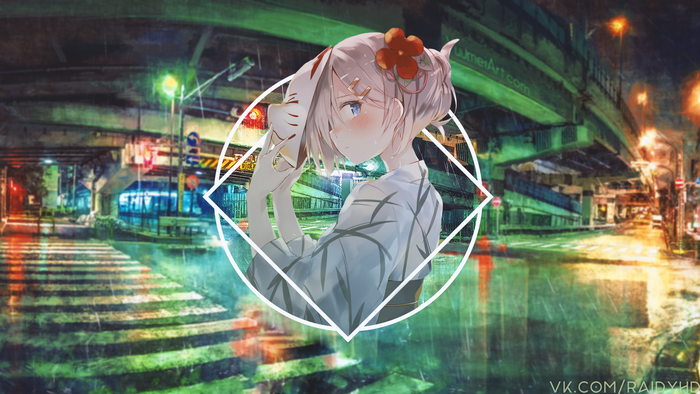 Anime girl with Kitsune mask in rainy city
