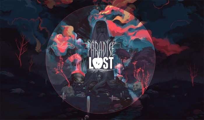 Paradise Lost artwork with a statue and surreal landscape