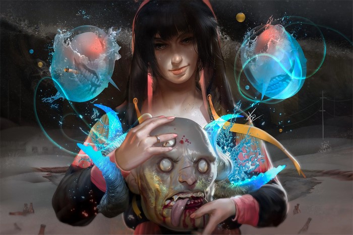 Woman holding a zombie head with abstract elements
