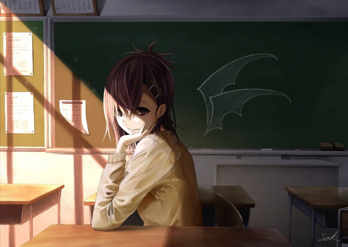 Vignette April Tsukinose from Gabriel Dropout in a classroom