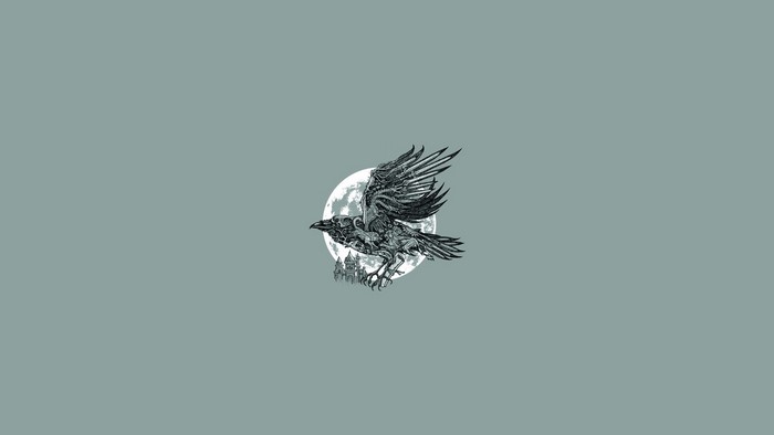 Raven flying in front of the moon with a castle