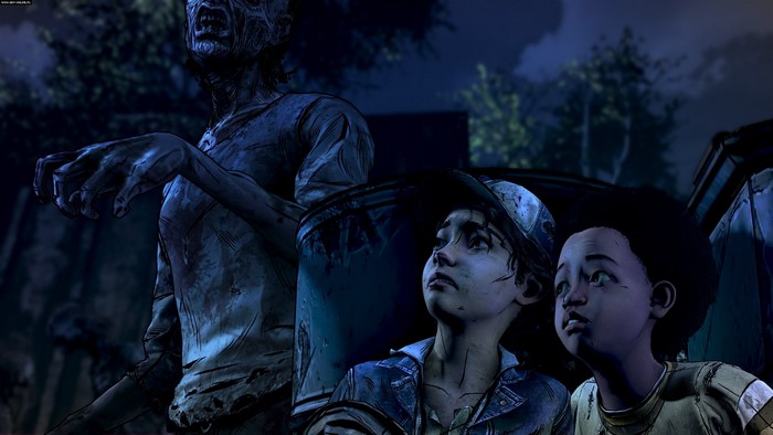 Clementine and AJ from The Walking Dead with zombies