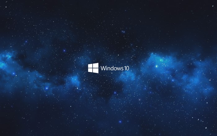 Windows 10 logo on a starry blue galaxy background