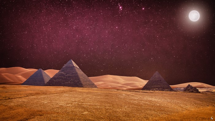 Pyramids under a starry night sky with a full moon